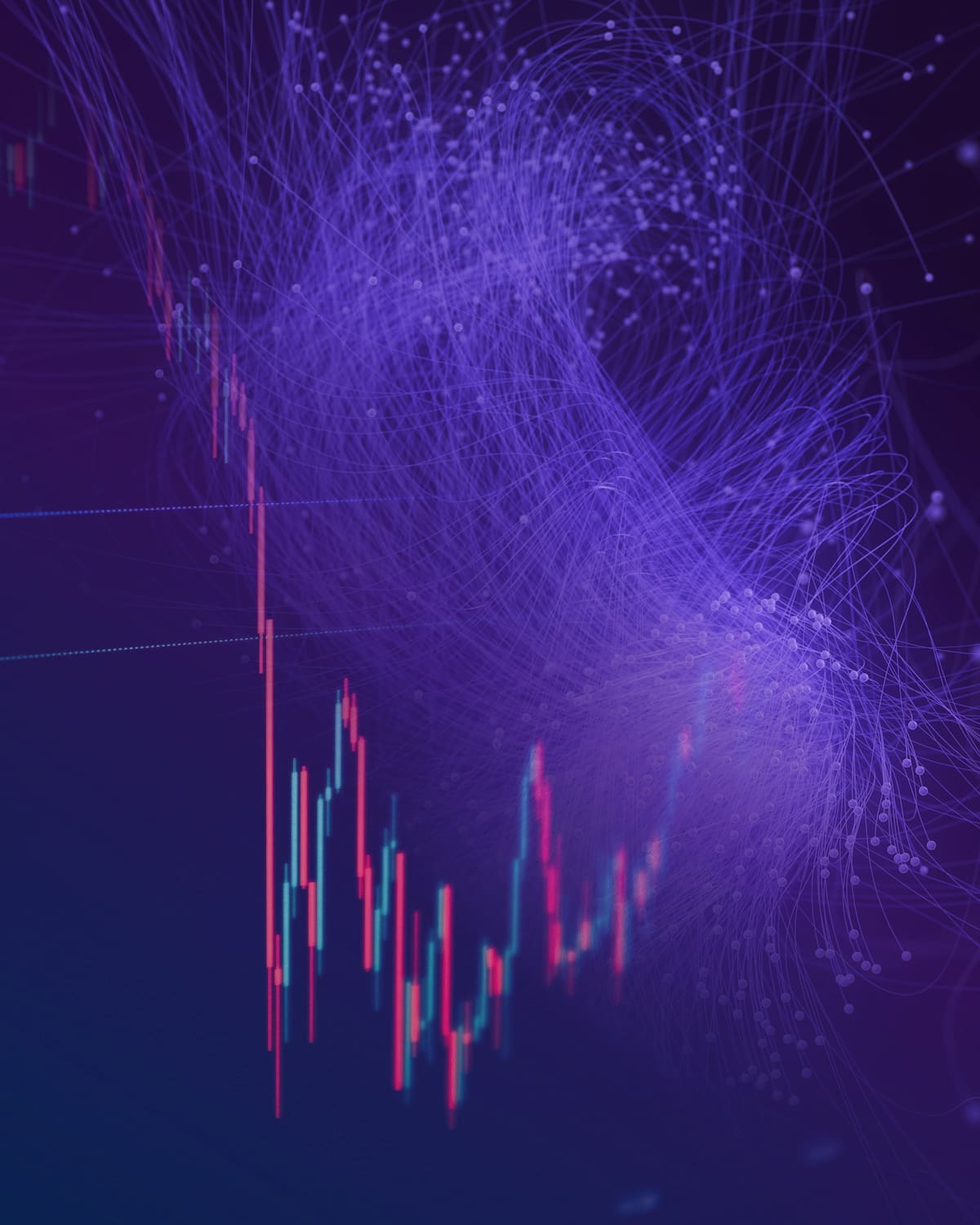 A rising candlestick market chart merging into an abstract neural network of glowing filaments